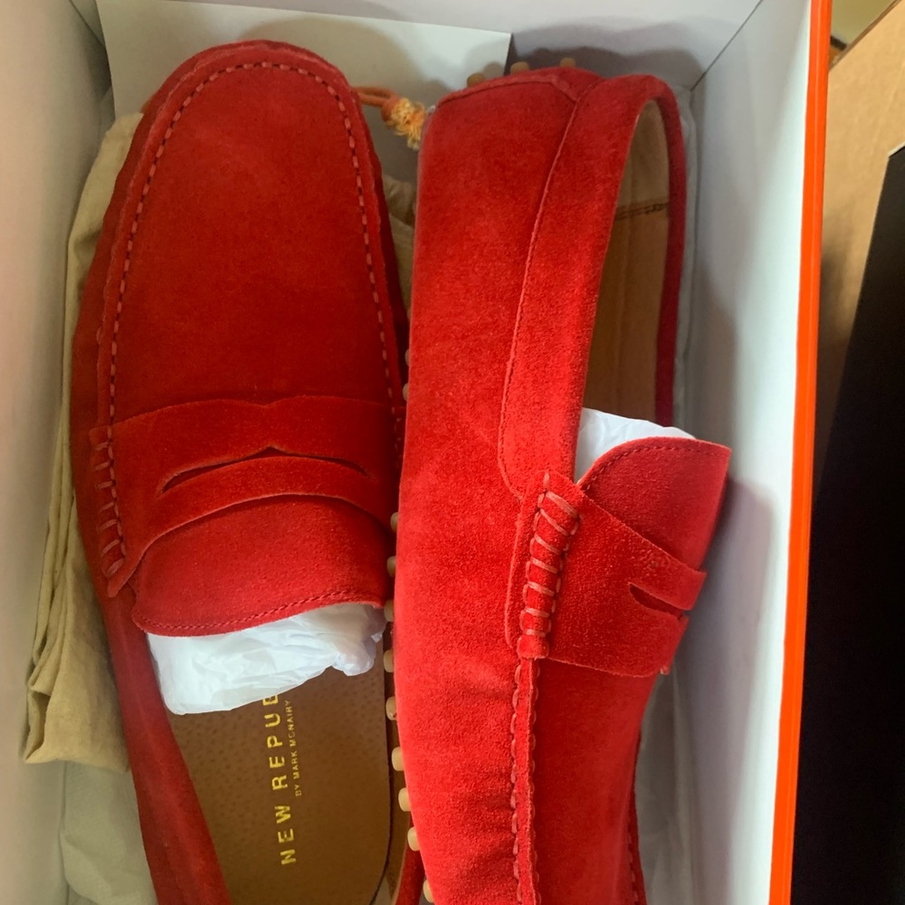 Red suede loafers . Worn once